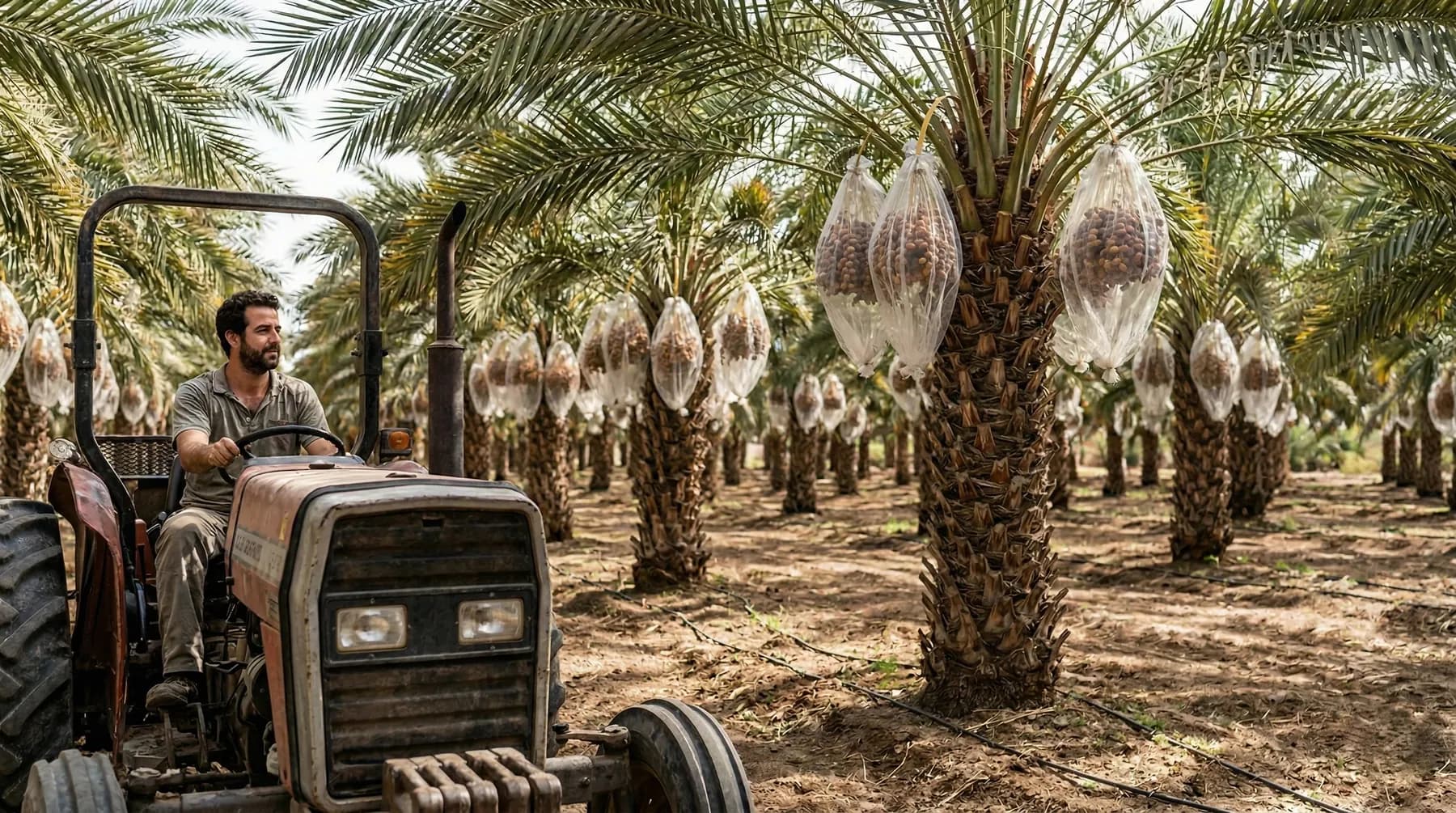 עידו חסון במטע, על הטרקטור בין שורות הדקלים